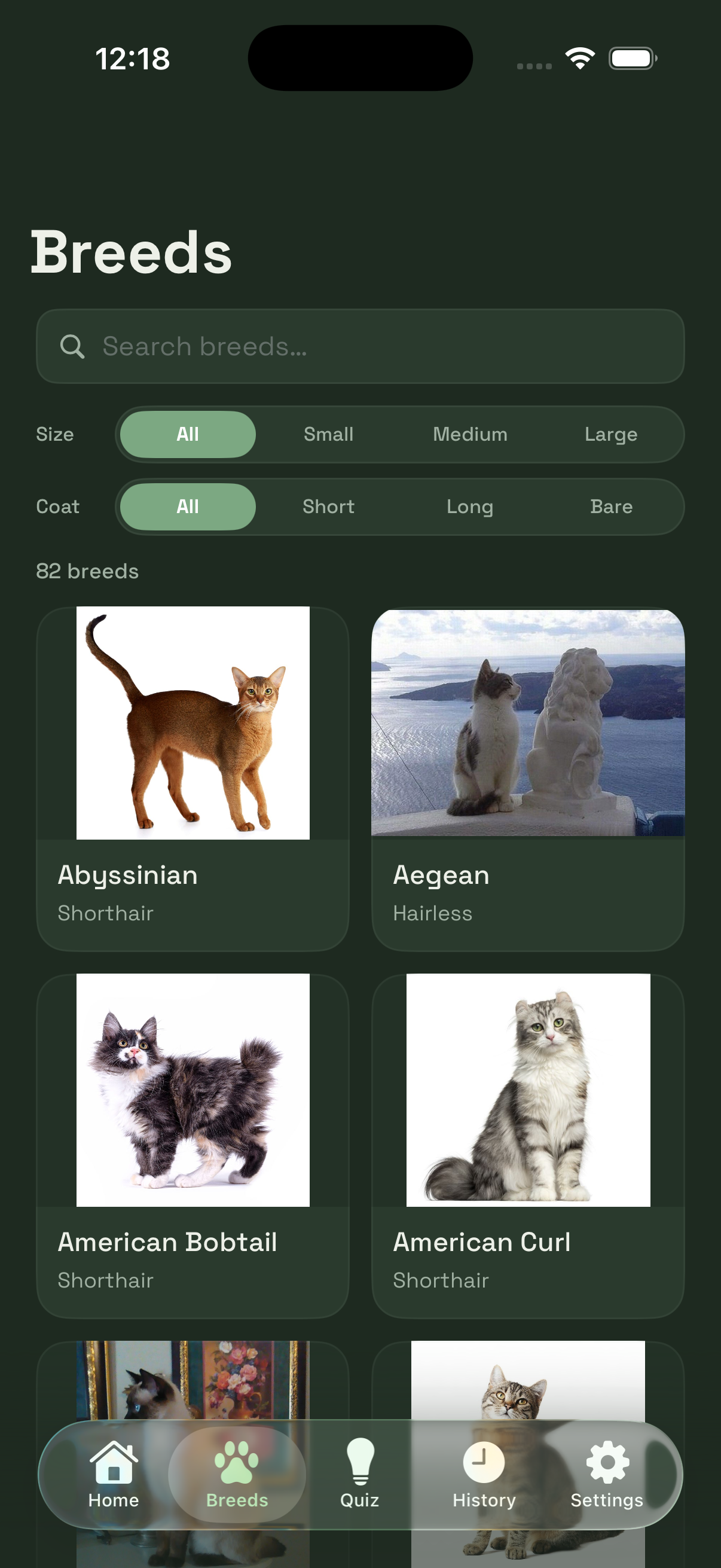 Breed library screen in dark mode