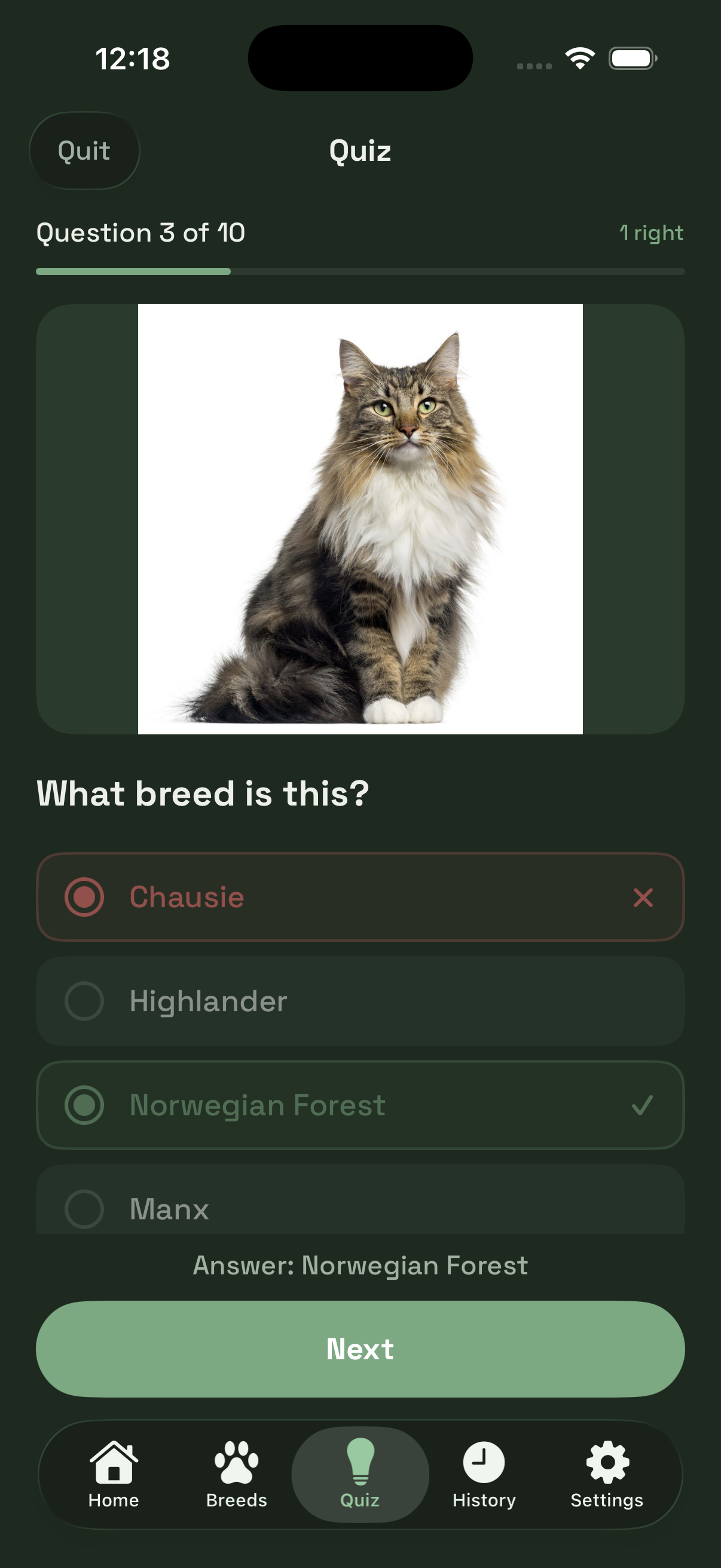 Quiz screen in dark mode